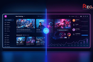 A split-screen comparison of two futuristic OTT streaming dashboards showcasing different UI designs, content layouts, analytics, and navigation elements, with a glowing “VS” in the center and the Regal Streaming Solutions logo in the corner.