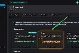 Selecting the Pay-per-Submit pricing model in the SpeedyIndex web dashboard