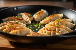 Freshly pan fried gyoza dumplings