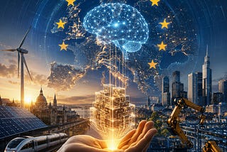 IMAGE: A glowing AI brain rises from structured data blocks in a human hand, over a connected map of Europe with industry, renewable energy, and digital infrastructure