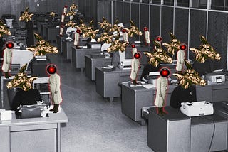 A 1950s steno pool. All of the steno operators’ heads have been replaced with horses’ heads. Beside each stands a labcoated male figure whose head has been replaced with the staring, hostile eye of HAL 9000 from Kubrick’s ‘2001: A Space Odyssey.’ Image: Cryteria (modified) https://commons.wikimedia.org/wiki/File:HAL9000.svg CC BY 3.0 https://creativecommons.org/licenses/by/3.0/deed.en