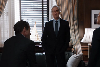 Sam Waterston (center) as District Attorney Jack McCoy in “Law & Order,” alongside Hugh Dancy (left) as Executive ADA Nolan Price and Odelya Halevi (right) as ADA Samantha Maroun in Season 21, Episode 3 (“Filtered Life”).