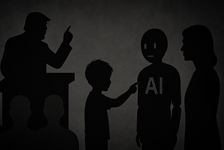 Silhouetted illustration of a child pointing at a humanoid figure labeled “AI,” while a political figure at a podium gestures forcefully. A woman stands nearby watching, and shadowy audience members sit in the foreground, evoking themes of power, surveillance, and authority shaping education.