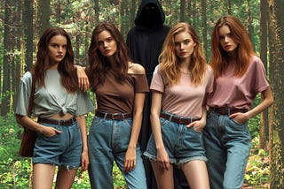 Four beautiful friends pose for a photo with a hooden figure looming behind them.