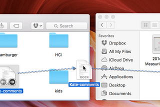 A screenshot of two Finder windows on a macOS system. The left window is open to the ‘Documents’ folder, displaying various files and folders, including ‘Kate-comments,’ which is highlighted and being dragged. The right window is open to the ‘Measuring Usability’ folder, showing files like ‘2014–2–3-MeasuringUX.pptx’ and ‘ROI for Usability…dition.pdf.’ A blue dashed arrow indicates that ‘Kate-comments’ is being moved from ‘Documents’ to ‘Measuring Usability.’
