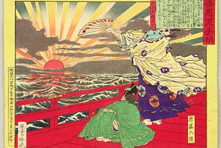 1885 Japanese woodblock of a rising sun with two figures