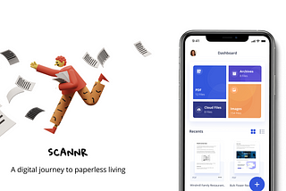 A background picture depicting a man chasing after papers and Scannr standing side by side.