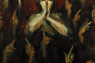 A woman hushing an audience in a dark theater, oil painting.