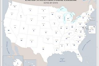 A map of the USA with electoral votes mentioned in each state