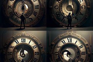 An Image of four men standing in front of a giant clock showing them how much time they have lived for and how much time they have left to live.