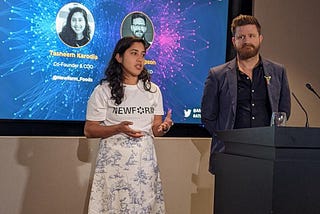 Tasneem Karodia and Brett Thompson pitching at the Africa Tech Summit in London.