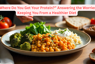 “A vibrant vegetarian plate featuring golden lentil dal with white rice, colorful roasted vegetables including broccoli and sweet potato, fresh spinach, chickpeas, Greek yogurt, and seeds in a bright kitchen with natural light”