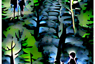 GAN (CLIP and taming transformer)generated image of “2 children walking in the black forest”