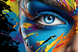 Vivid blue eye with colorful paint splashes on skin. Image created by author in Midjourney