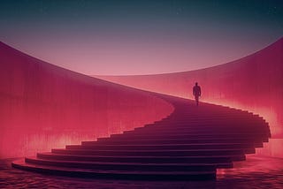 a man on walking up a at a concrete curved staircase in the style of james turrell, sparkles light up the sky, it’s a sensory experience, minimalist stage designs, photography, minimal, macro, realistic natural light, film photography, grain, light, space and colour is all blue and pink gradient