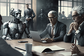 A group of business executives gathered around a table discussing the implementation of AI in their organization, hyper realistic, photograph, 8k — ar 3:2 (Midjourney 4)