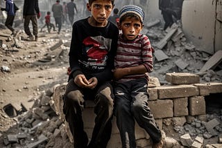 Two children huddle together on a pile of bricks. Famished and fatigued, their fear is palpable. Piles of rubble, broken floorboards, and the refuse of lives lived litter the photo. The two boys — brothers huddle together