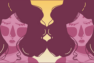 A drawing of a woman’s head and shoulders replicated twice, so it looks like a mirror image. The drawing is done in pink, against a yellow gradient background.