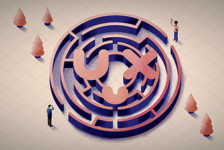 An illustration showing a maze in the shape of the Shopify UX logo — a winking face. A man stands at the entrance of the maze looking ahead to the end where a black woman is waving a flag. Trees flank the maze.