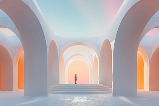 A lone figure stands at the entrance of a grand, futuristic hallway formed by receding white arches, bathed in soft orange and blue light, symbolizing the path into Agentic AI.