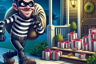 A cartoon of a comical thief in a black and white striped shirt, sneakily approaching a porch full of small packages, ready to make his move.