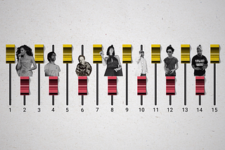 An illustration made by graphic equalizer sliders with cut-out images of musicians pasted above every other one, representing their contributions to the writing of Beyoncé’s song, “Hold Up”