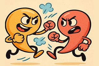 Cartoon image of two commas fighting each other