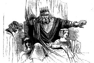 An illustration from Act I of King Leer, showing Leer as a powerful King declaiming to his subjects. Attendants bow their heads, whilst Leer’s daughters are sitting at his feet.