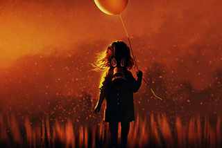 Apocalyptic imagery. Fire swept background. A girl with a a gas mask holding a red balloon in the foreground.