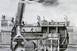 A cutaway illustation of the engine room of a steam ship.