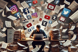 A photorealistic image of a person sitting at a cluttered desk, overwhelmed by swirling papers, documents, and floating social media icons like Facebook, Instagram, YouTube, and X. The individual looks stressed, focused on a laptop amidst the chaos of physical and digital information surrounding them.