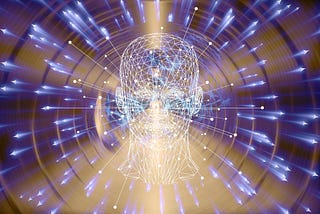a digital mesh of a human head with points of light emanating from it with a gold light running up and down the center, as if radiating telepathy or enlightenment.