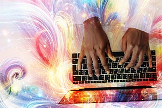 Two hands tap the keys — vibes swirl like smoke in the air, shaping thought to form.
