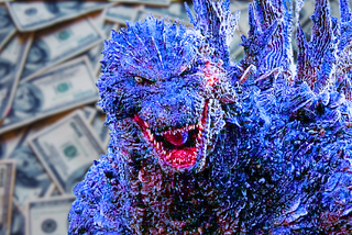 Godzilla roaring with background enveloped in cash.