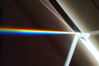 a glass prism with a narrow beam of light being refracted into a rainbow