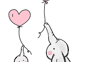 line drawn adult and baby elephants with heart balloons