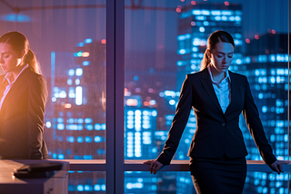 A high-achieving woman in a tailored navy suit stands in a sleek office at night, overlooking the city skyline. Her confident posture contrasts with her reflection, symbolizing the hidden weight of success and burnout.
