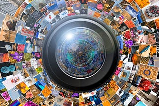 A digital illustration of a camera lens surrounded by digital photos.