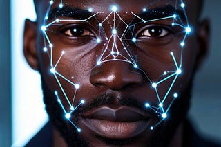AI-Generated image of facial recognition software and device trying to identify a Black man