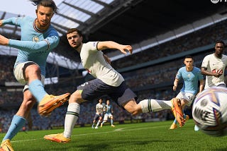 Man City vs Tottenham in FIFA 23. Jamie Tartt shooting.