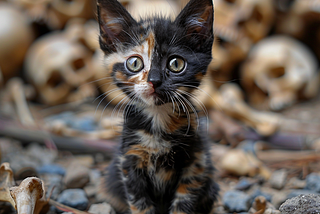 An adorable kitten with bones and skulls in the background.