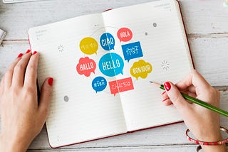 Woman hands writing hello in several languages on a notebook.