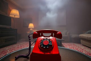 A red, pulse dialling phone with a rotary dialler on it. It sits atop a coffee table in a hazy, 1990’s living area.