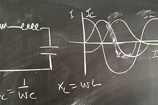 Chalk board sketch of an RLC circuit and varying voltages.