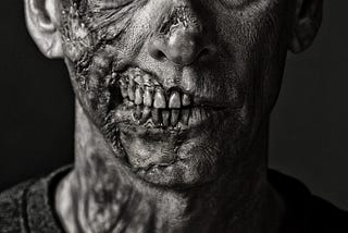 Close up of a rotting zombie face, teeth are exposed