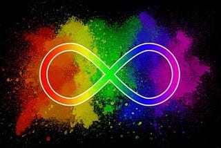 The neurodiversity symbol (a rainbow colored infinity sign) over a black background.