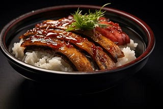 Close up image of a traditional Unadon dish in a Japanese bowl