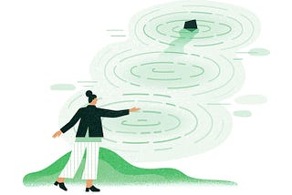 Krystal’s illustration for Founders Pledge. The illustration shows a person skipping rocks to form ripples in the water.