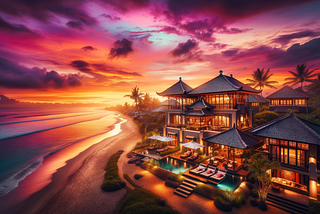An illustration of a villa in Seminyak with sunset over a beach.