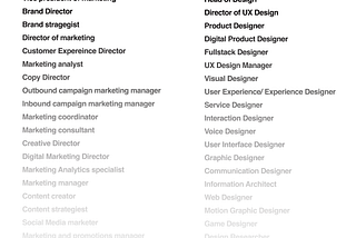 An incomplete list of job titles collected via search terms ‘Marketing Roles’ and ‘Design Roles”, at Aboveboard, Indeed, Linked Jobs, and Ziprecruiter, 2023
